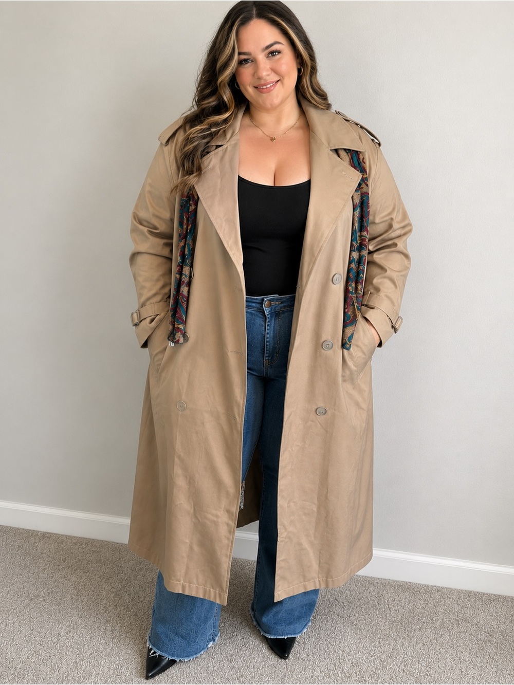 Women's Tan Trench Coat with Patterned Scarf Accent